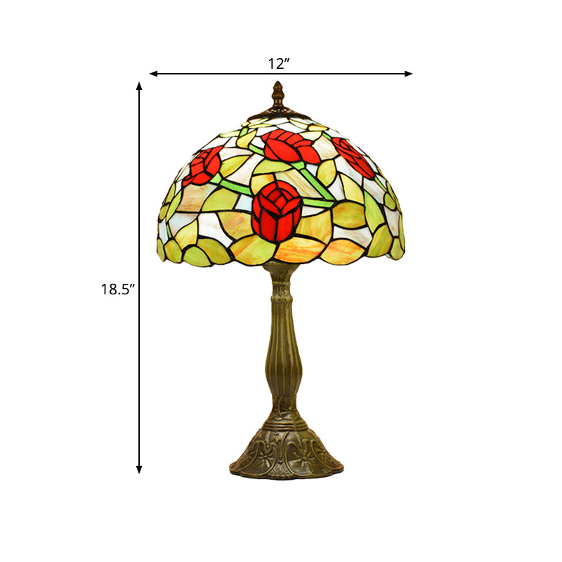 Nolwenn - Rose Rose Night Stand Light Tiffany Red/Orange Art Glass Single Bronze Finish Table Lamp for Living Room