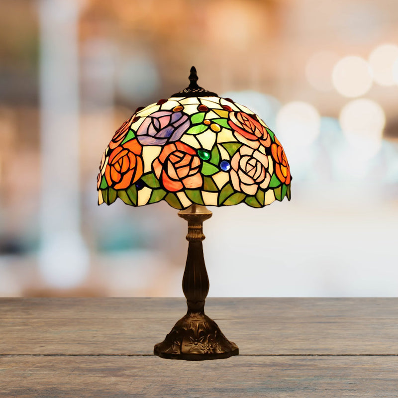 Tiffany Rose Blossom Cut Glass Table Lamp - Bronze Finish With Gemstone Accents