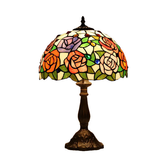 Tiffany Rose Blossom Cut Glass Table Lamp - Bronze Finish With Gemstone Accents