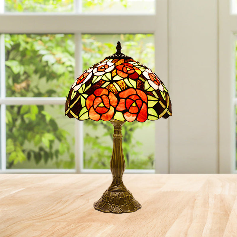 Victorian Flower Table Lamp - Red/Orange Stained Glass Nightstand Light For Bedroom