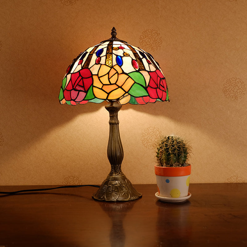 Victorian Flower Table Lamp - Red/Orange Stained Glass Nightstand Light For Bedroom