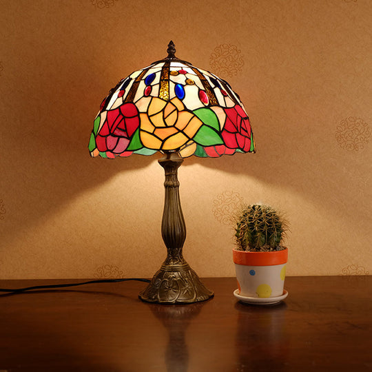 Victorian Flower Table Lamp - Red/Orange Stained Glass Nightstand Light For Bedroom