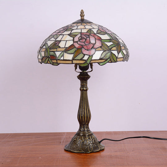 Tiffany Stained Glass Nightstand Lamp With Rose Pattern - Single-Bulb Table Lighting Bronze