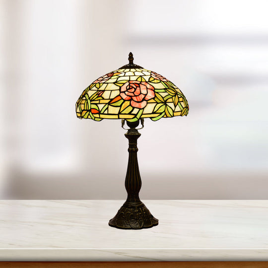 Tiffany Stained Glass Nightstand Lamp With Rose Pattern - Single-Bulb Table Lighting