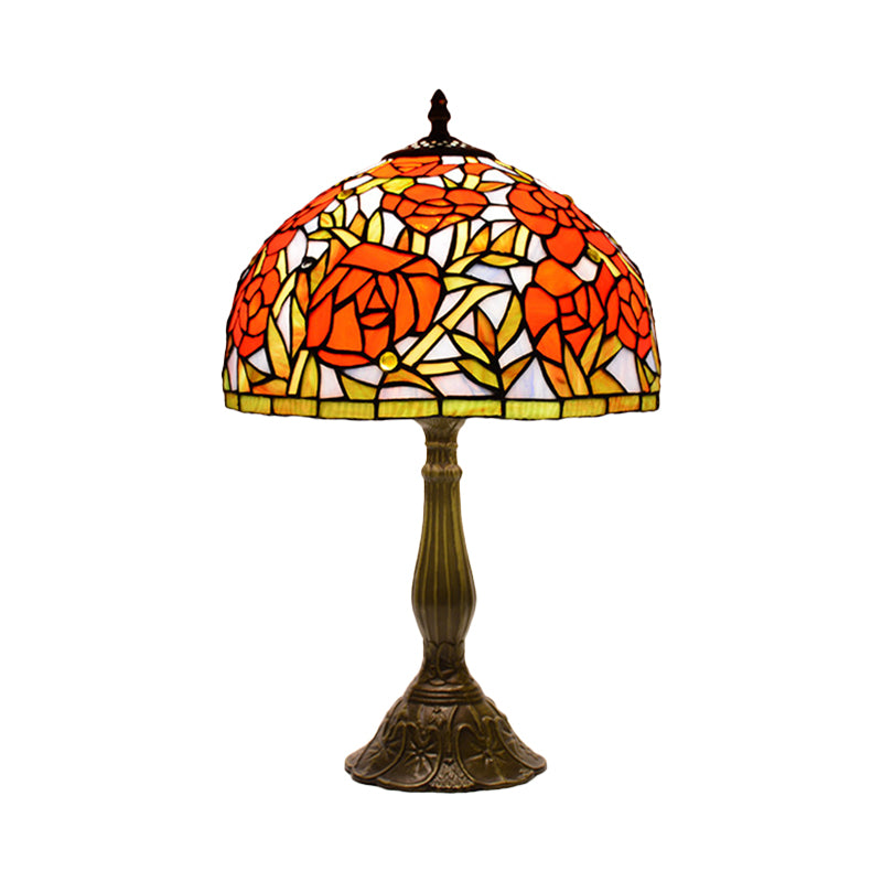 Tiffany Handcrafted Peony Blossom Table Light: Pink/Orange Glass Bronze Night Lamp