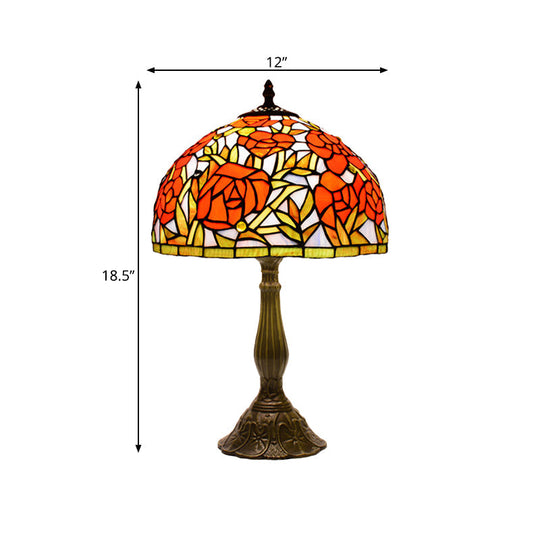 Tiffany Handcrafted Peony Blossom Table Light: Pink/Orange Glass Bronze Night Lamp