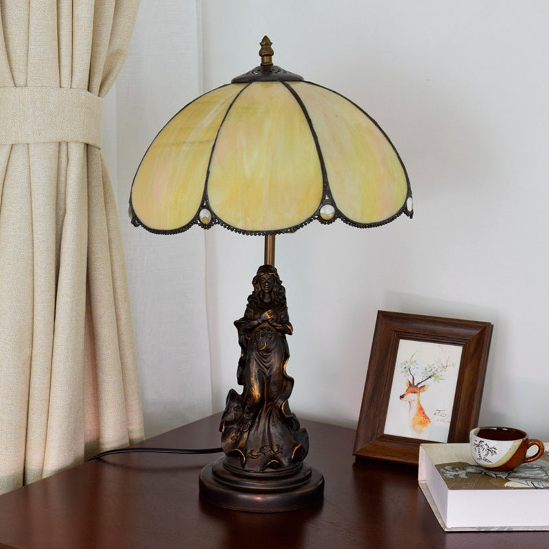 Yellow Glass Baroque Petals Nightstand Lamp With Carved Lady Base Single-Bulb Table Lighting