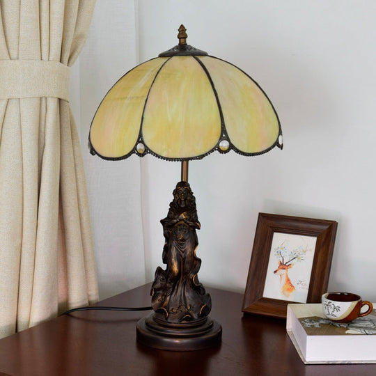 Yellow Glass Baroque Petals Nightstand Lamp With Carved Lady Base Single-Bulb Table Lighting