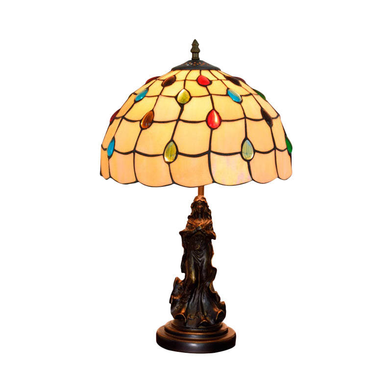 Grid Night Light 1-Light Tiffany Table Lamp With Angel Decor - Cabochon-Embellished White/Beige