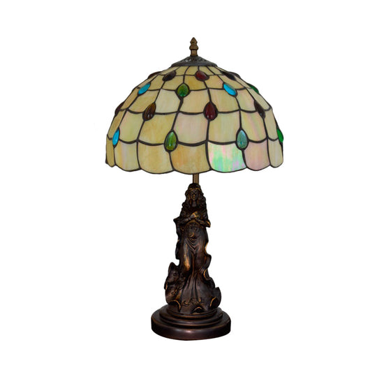 Grid Night Light 1-Light Tiffany Table Lamp With Angel Decor - Cabochon-Embellished White/Beige