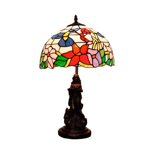 Tiffany-Style Dome Night Lamp With Magpie/Flower Pattern Stained Glass And Angel Pedestal -