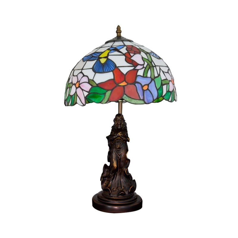 Louise - Tiffany Magpie/Flower Patterned Dome Night Lamp Tiffany White/Beige Stained Glass 1 Head Bronze Table Light with Angel Pedestal