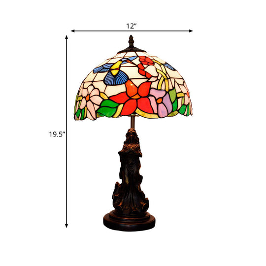 Louise - Tiffany Magpie/Flower Patterned Dome Night Lamp Tiffany White/Beige Stained Glass 1 Head Bronze Table Light with Angel Pedestal