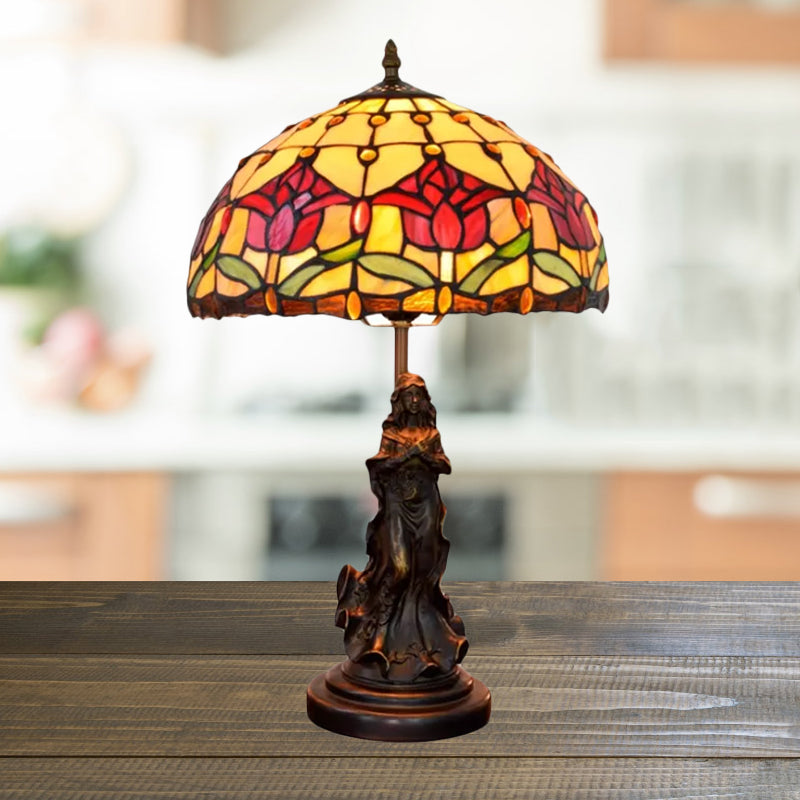 Louise - Tiffany Magpie/Flower Patterned Dome Night Lamp Tiffany White/Beige Stained Glass 1 Head Bronze Table Light with Angel Pedestal