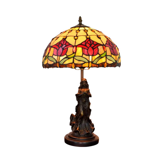 Louise - Tiffany Magpie/Flower Patterned Dome Night Lamp Tiffany White/Beige Stained Glass 1 Head Bronze Table Light with Angel Pedestal