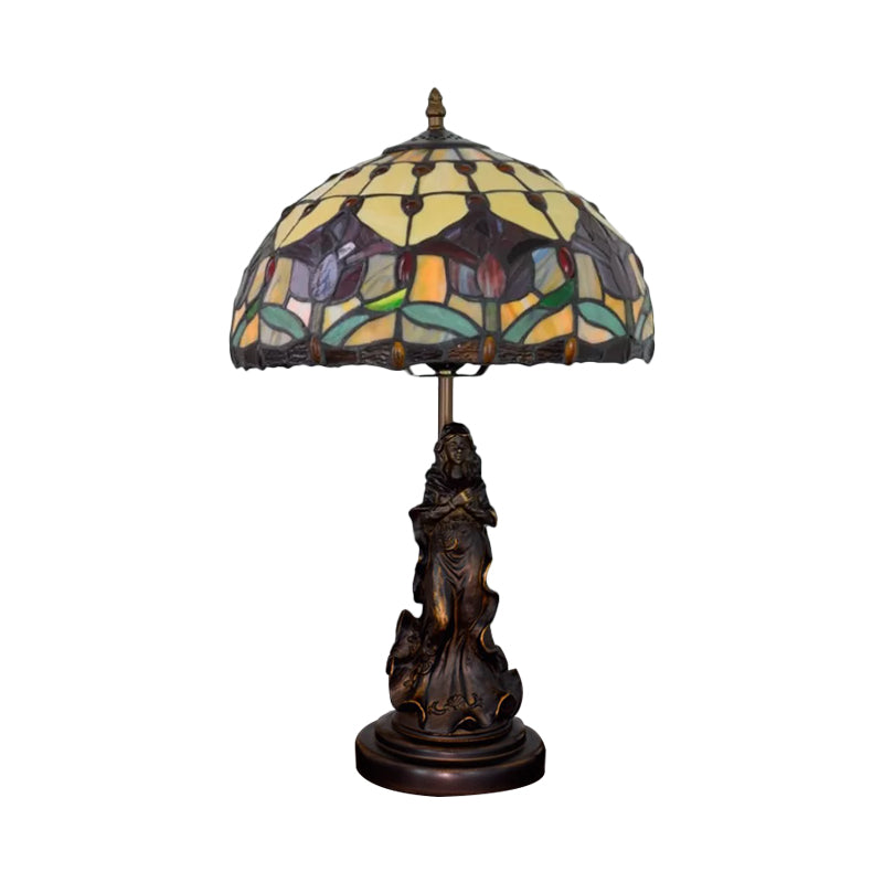 Louise - Tiffany Magpie/Flower Patterned Dome Night Lamp Tiffany White/Beige Stained Glass 1 Head Bronze Table Light with Angel Pedestal