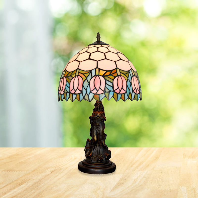 Honeycomb Shade Tiffany Bronze Stained Glass Nightstand Lamp With Rose Edge And Angel Base