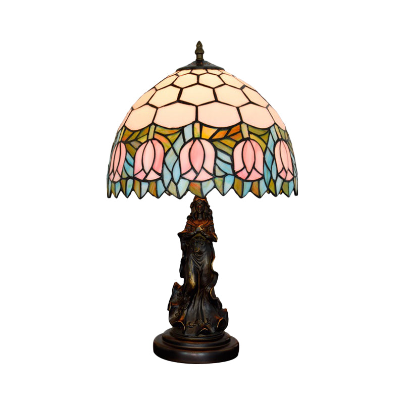 Honeycomb Shade Tiffany Bronze Stained Glass Nightstand Lamp With Rose Edge And Angel Base