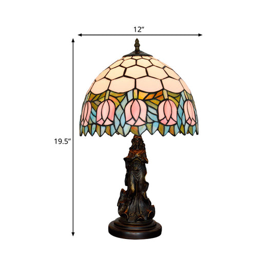 Honeycomb Shade Tiffany Bronze Stained Glass Nightstand Lamp With Rose Edge And Angel Base