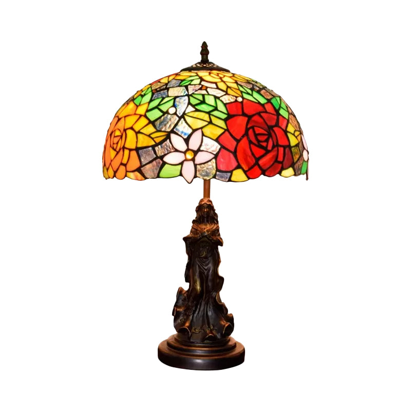 Stained Glass Red/Orange Night Light Flowering Tiffany-Style Table Lamp With Angel Statue