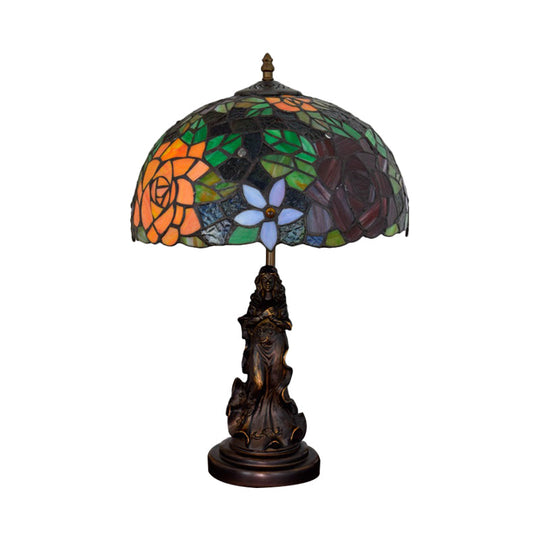 Stained Glass Red/Orange Night Light Flowering Tiffany-Style Table Lamp With Angel Statue