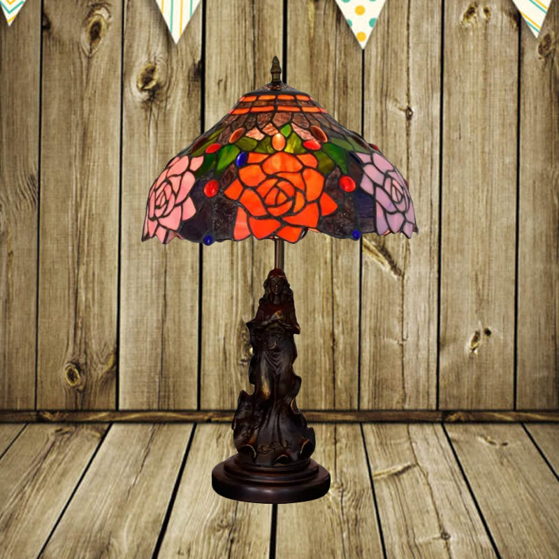 Stained Glass Red/Orange Night Light Flowering Tiffany-Style Table Lamp With Angel Statue Orange