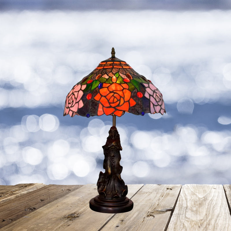 Stained Glass Red/Orange Night Light Flowering Tiffany-Style Table Lamp With Angel Statue