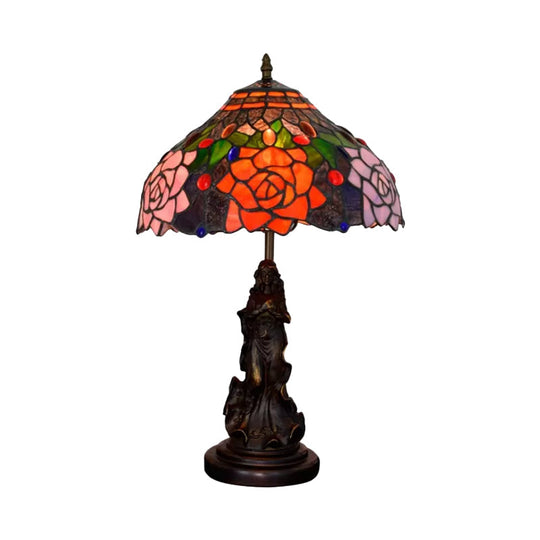 Stained Glass Red/Orange Night Light Flowering Tiffany-Style Table Lamp With Angel Statue