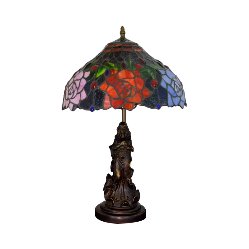 Stained Glass Red/Orange Night Light Flowering Tiffany-Style Table Lamp With Angel Statue