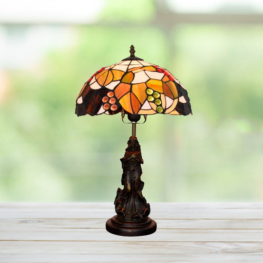 Tiffany Glass Grapes Table Lamp - Baroque Style Brown/Green/White-Brown Night Stand Light With Girl