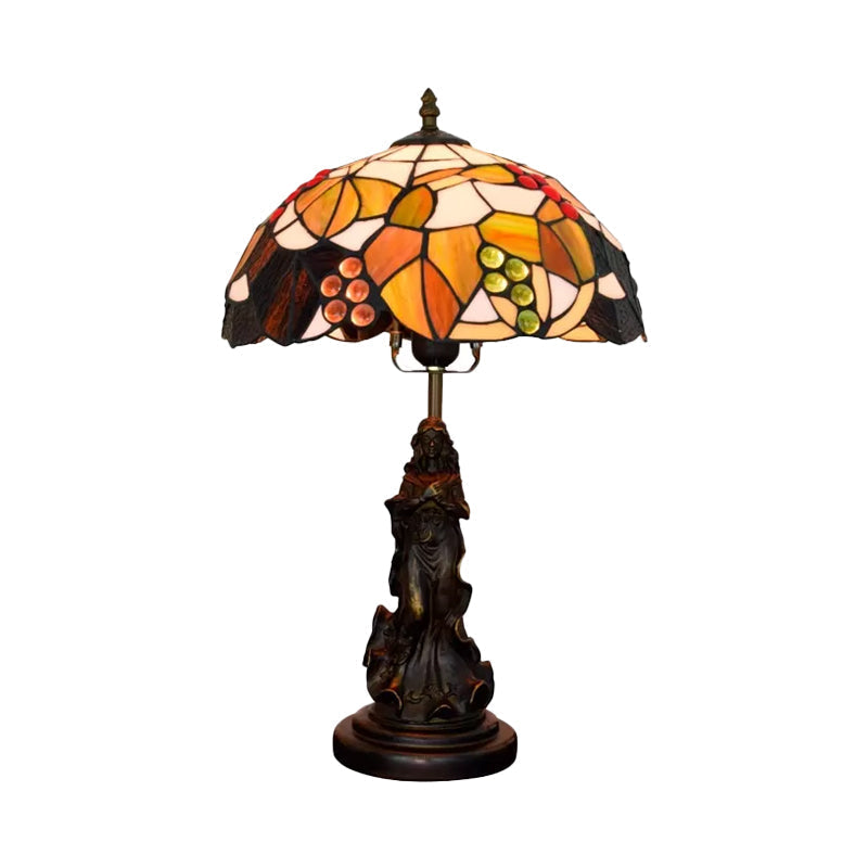 Tiffany Glass Grapes Table Lamp - Baroque Style Brown/Green/White-Brown Night Stand Light With Girl