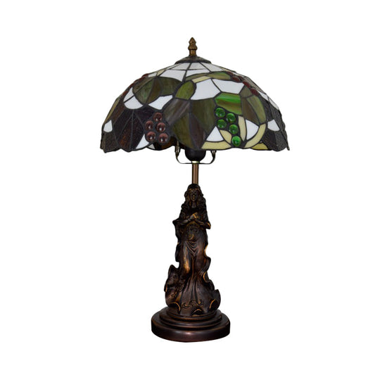 Tiffany Glass Grapes Table Lamp - Baroque Style Brown/Green/White-Brown Night Stand Light With Girl