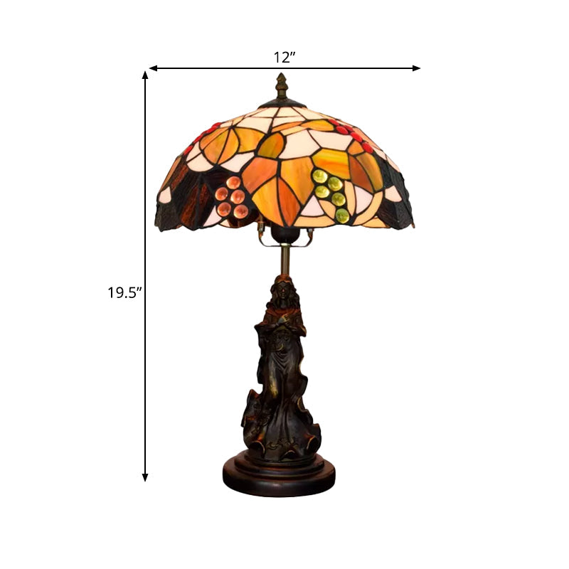 Tiffany Glass Grapes Table Lamp - Baroque Style Brown/Green/White-Brown Night Stand Light With Girl