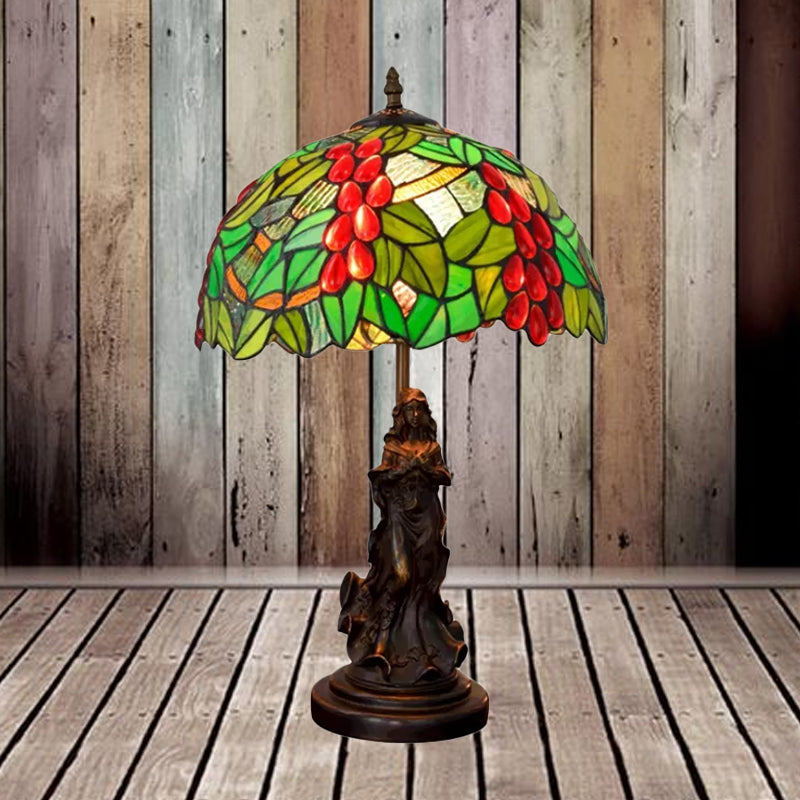 Tiffany Glass Grapes Table Lamp - Baroque Style Brown/Green/White-Brown Night Stand Light With Girl