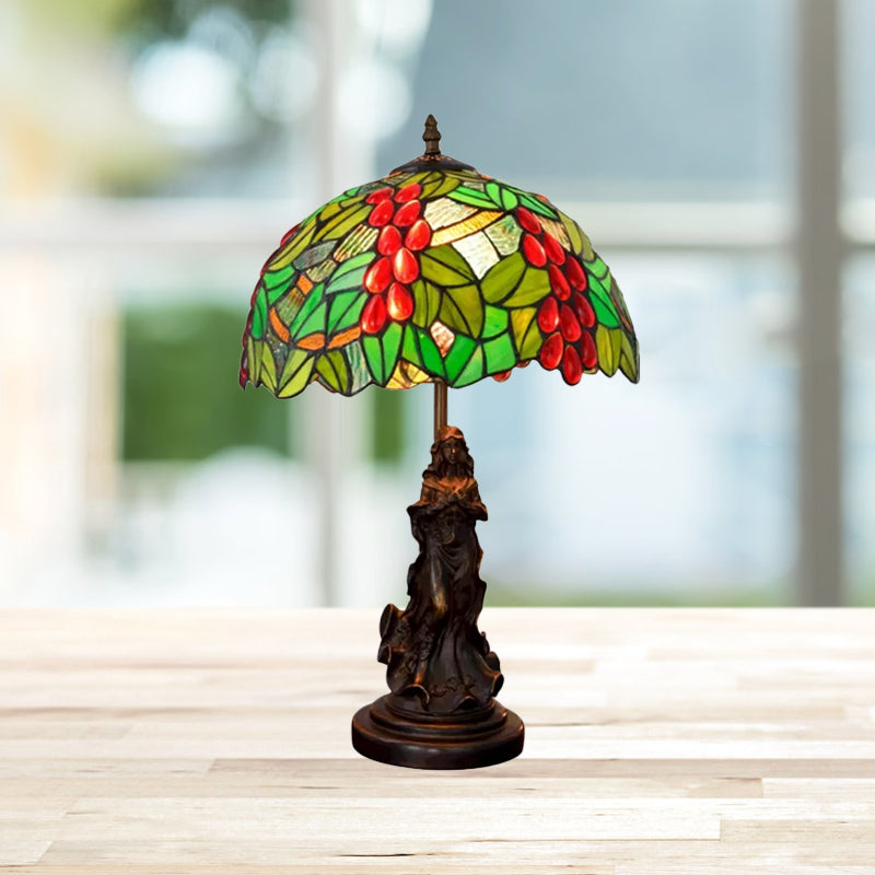 Tiffany Glass Grapes Table Lamp - Baroque Style Brown/Green/White-Brown Night Stand Light With Girl