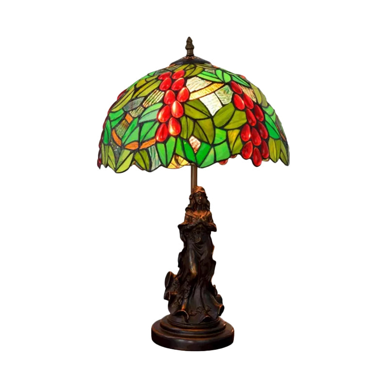 Tiffany Glass Grapes Table Lamp - Baroque Style Brown/Green/White-Brown Night Stand Light With Girl