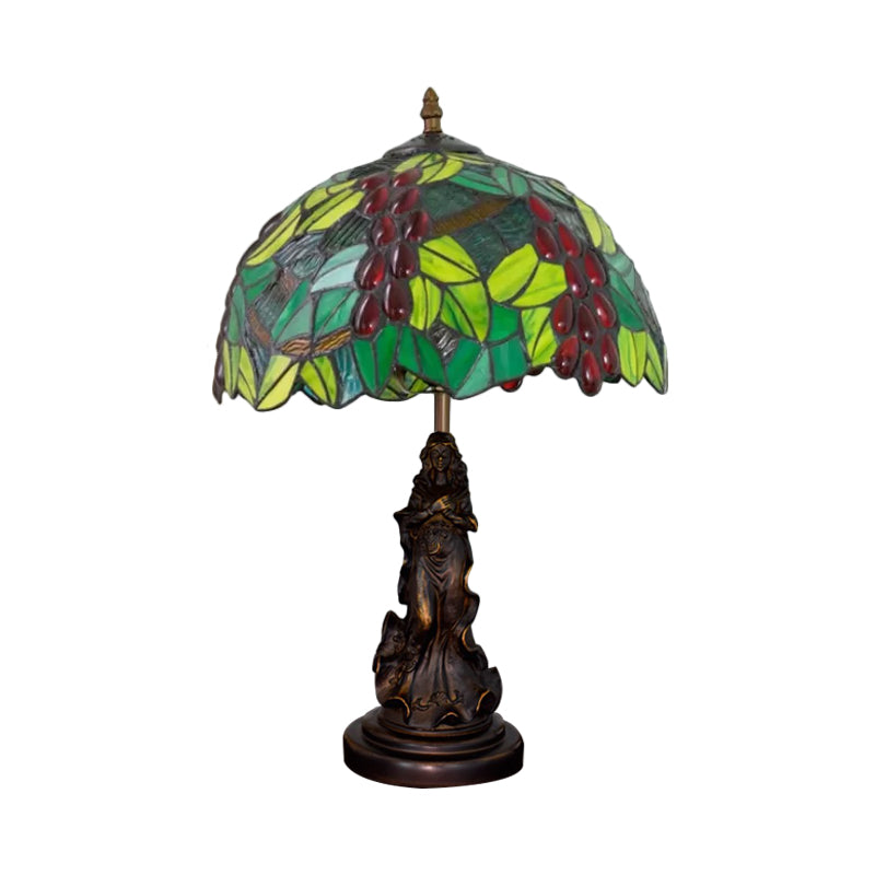 Tiffany Glass Grapes Table Lamp - Baroque Style Brown/Green/White-Brown Night Stand Light With Girl