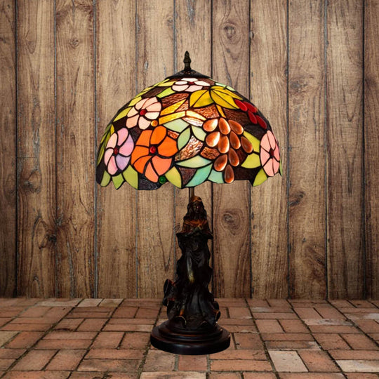 Tiffany Glass Grapes Table Lamp - Baroque Style Brown/Green/White-Brown Night Stand Light With Girl