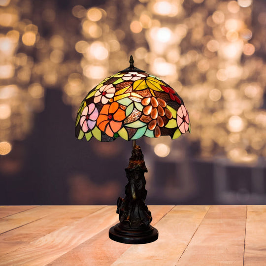 Tiffany Glass Grapes Table Lamp - Baroque Style Brown/Green/White-Brown Night Stand Light With Girl