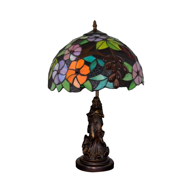 Tiffany Glass Grapes Table Lamp - Baroque Style Brown/Green/White-Brown Night Stand Light With Girl