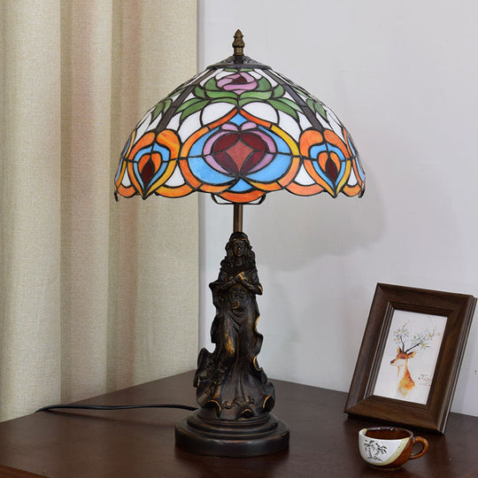 Victorian Angel Resin Night Lamp: Bronzed Table Lighting With Art Glass Shade Bronze