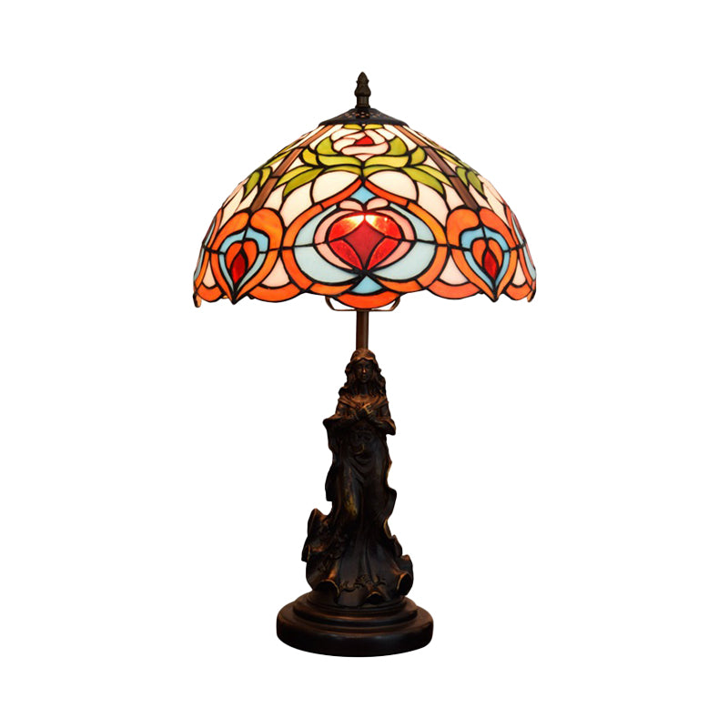 Victorian Angel Resin Night Lamp: Bronzed Table Lighting With Art Glass Shade