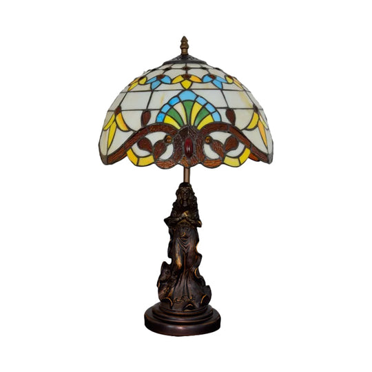 Tiffany Style Stained Glass Dome Table Lamp - Beige/Blue Color Bronze Finish Angel Decoration 1 Bulb