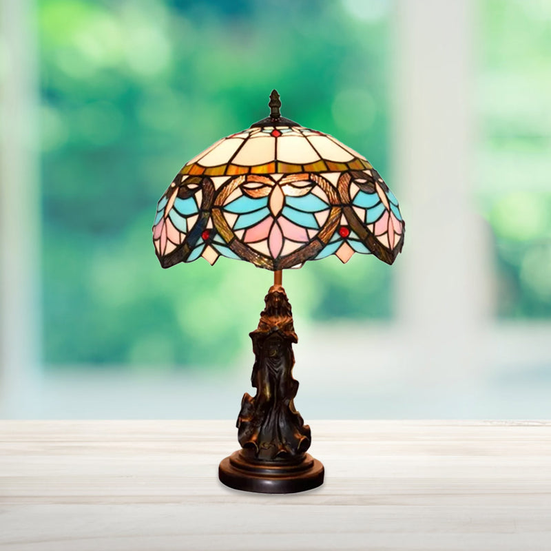 Tiffany Style Stained Glass Dome Table Lamp - Beige/Blue Color Bronze Finish Angel Decoration 1 Bulb