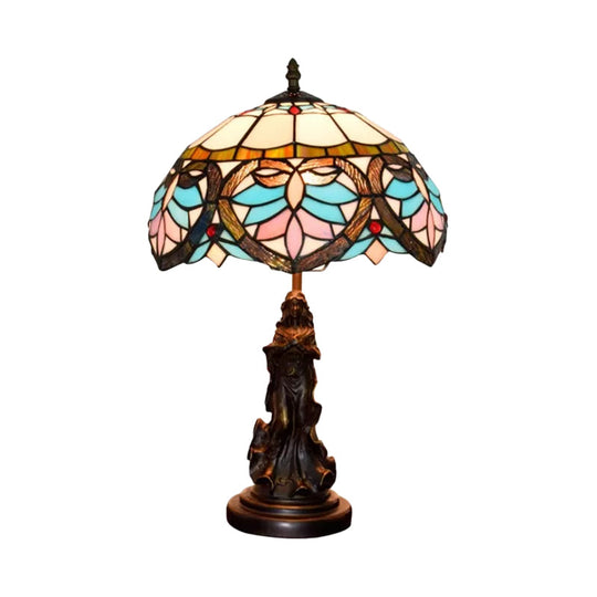 Tiffany Style Stained Glass Dome Table Lamp - Beige/Blue Color Bronze Finish Angel Decoration 1 Bulb