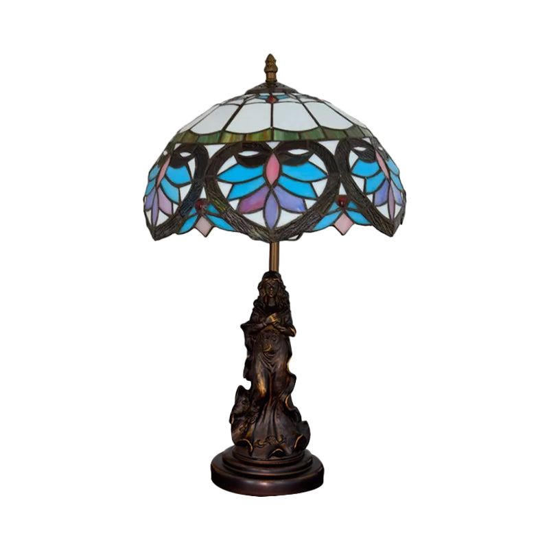 Tiffany Style Stained Glass Dome Table Lamp - Beige/Blue Color Bronze Finish Angel Decoration 1 Bulb