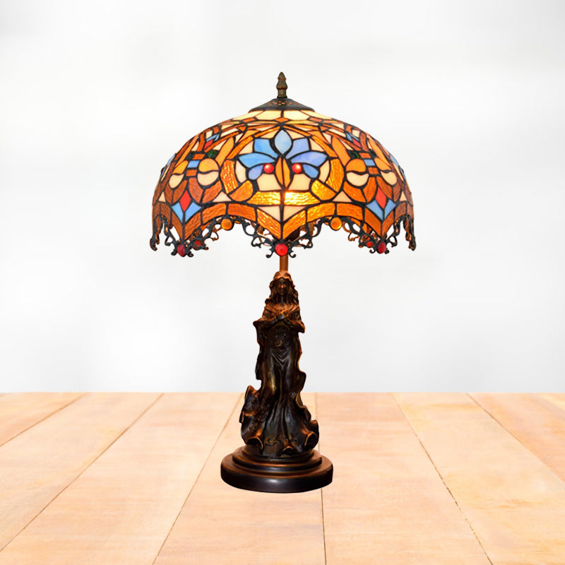 Tiffany Stained Glass Scroll-Trim Scalloped Night Light With Parrot Pattern - Bronze Table Lighting