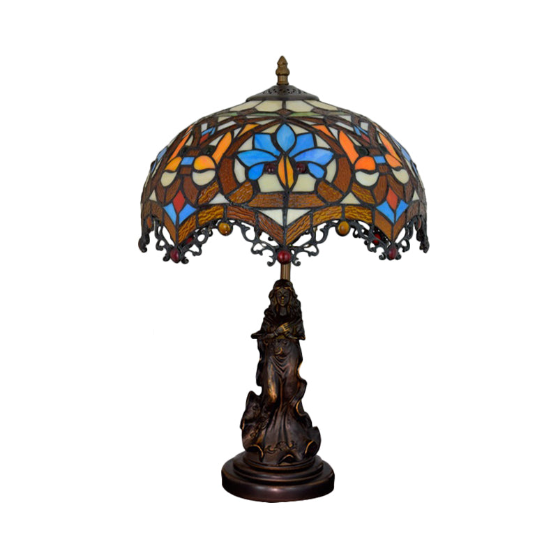 Tiffany Stained Glass Scroll-Trim Scalloped Night Light With Parrot Pattern - Bronze Table Lighting