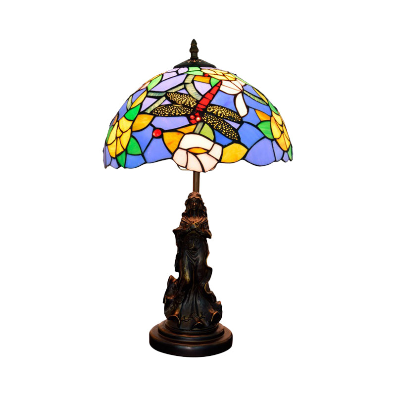 Mediterranean Dragonfly-Flower Table Lamp - Single Blue/Yellow/Blue-White Nightstand Light With