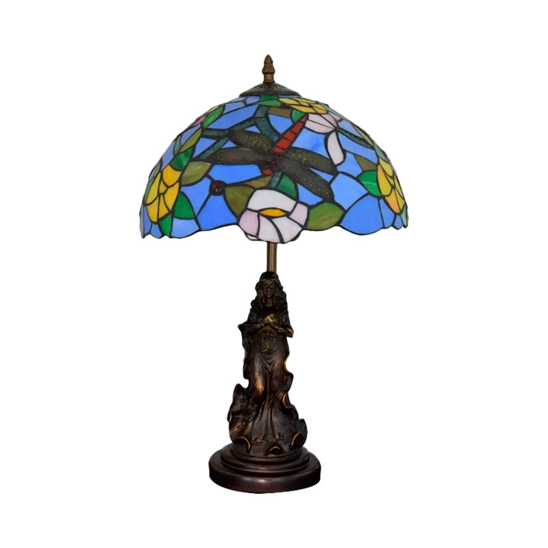 Mediterranean Dragonfly-Flower Table Lamp - Single Blue/Yellow/Blue-White Nightstand Light With